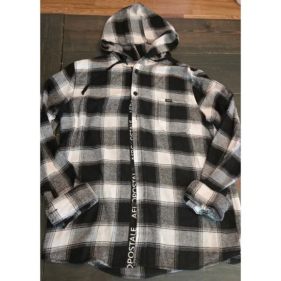 Aeropostale Hooded Flannel Shirt Mens‎ Size L Black White Plaid Button Down - Picture 3 of 9